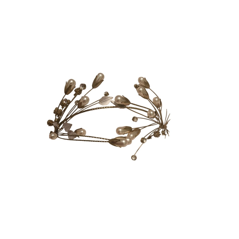 Gold Pearl Crystal Bridal Tiara Headband Floral Wedding Hair Accessory - Picture 2 of 4